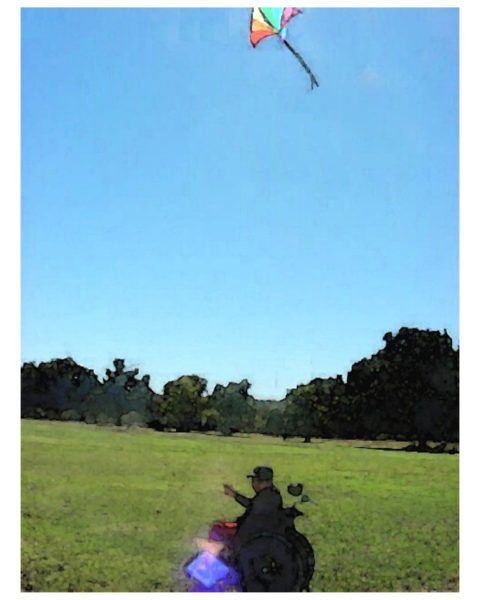 Person in wheelchair flying a kite in open green field